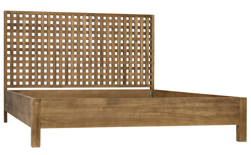 The Quinnton bed, Eastern queen in Teak, features a high grid headboard with square cutouts, clean lines, and a simple modern design in a natural wood finish.