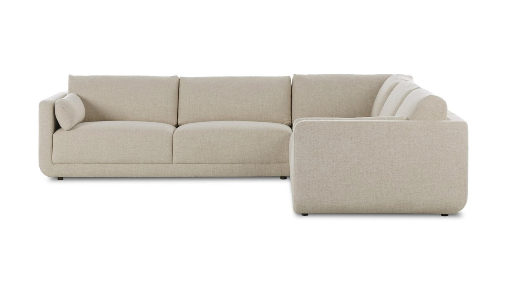 The Modular 3-Piece Sectional is a modern, light beige sofa upholstered in cream basketweave fabric with clean lines, plush cushions, and a rounded left armrest, displayed against a plain white background.