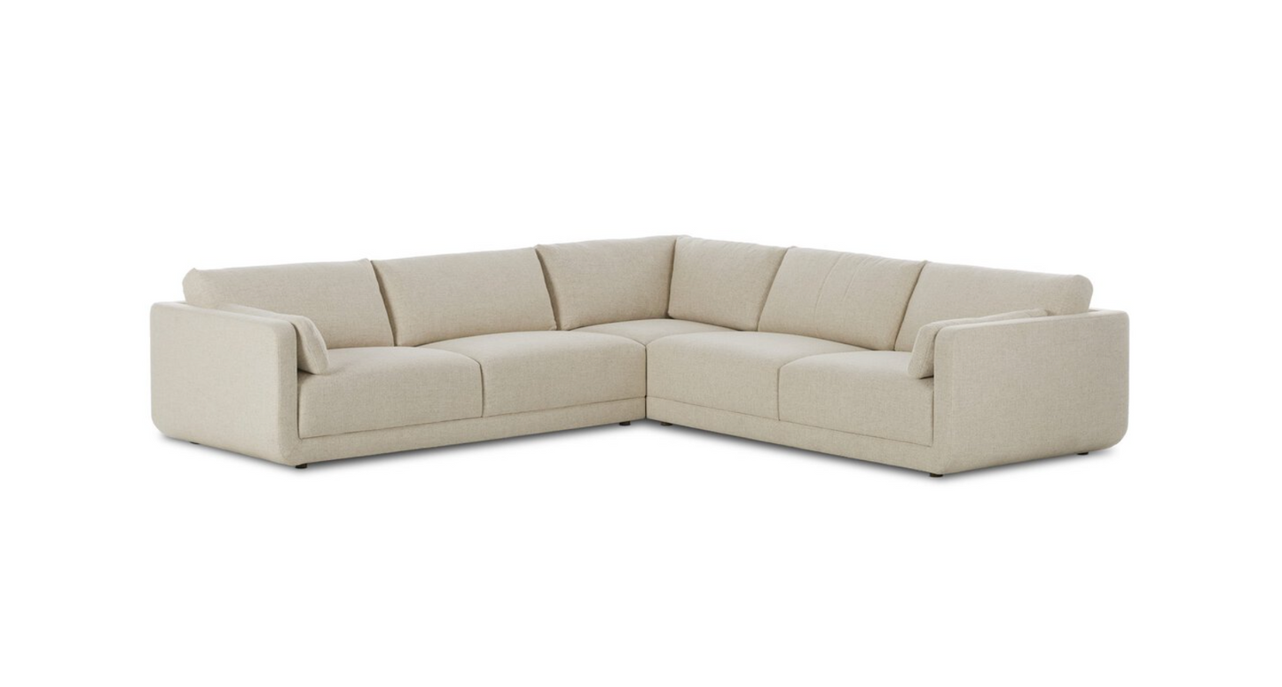 The Modular 3-Piece Sectional features an L-shaped design with clean lines, plush cushions, and cream basketweave upholstery, displayed against a plain white background.