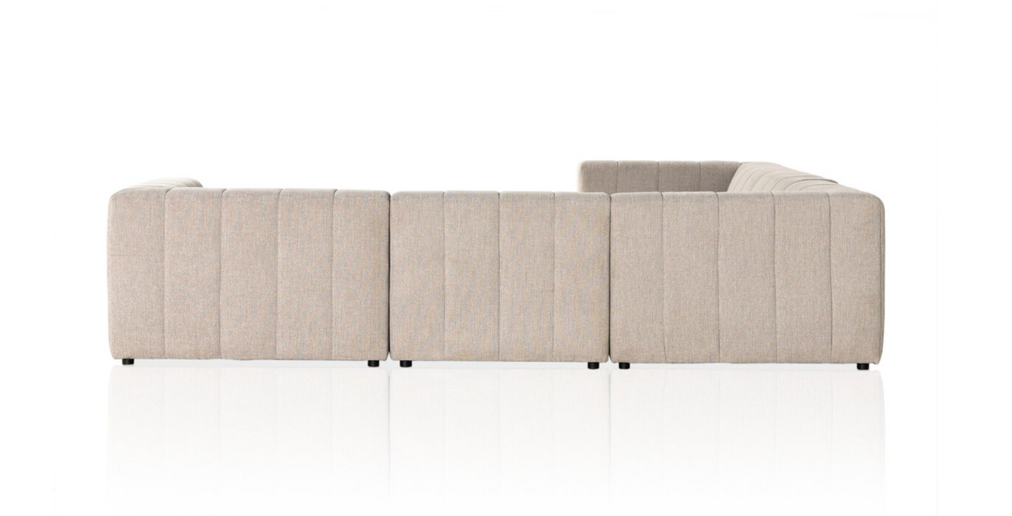 The Langham Channeled 5-Piece Sectional is a beige, modern Italian sofa with vertical stitching in performance fabric, shown from the back on a white background.