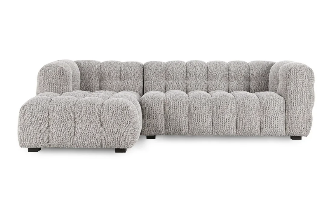 The Plush Upholstered Sectional w/LAF Chaise features a modern heathered gray look, tufted pillowy cushions, rounded edges, and short black legs.