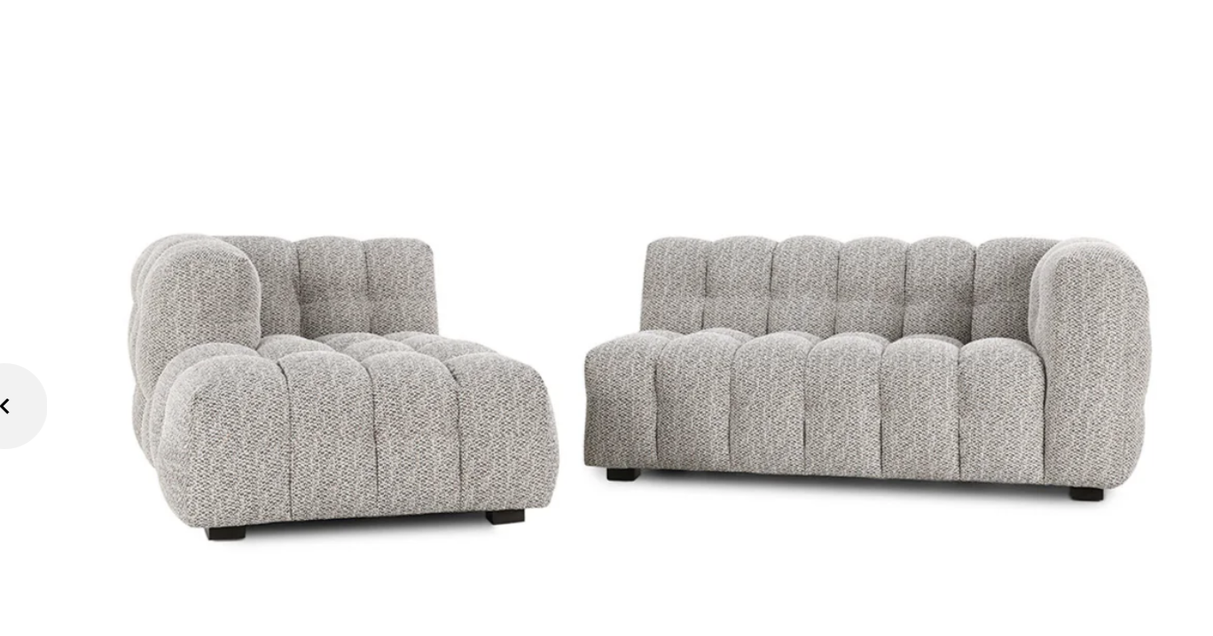 The Plush Upholstered Sectional w/LAF Chaise features modern, tufted heathered gray fabric with rounded edges and textured upholstery, shown against a white background.