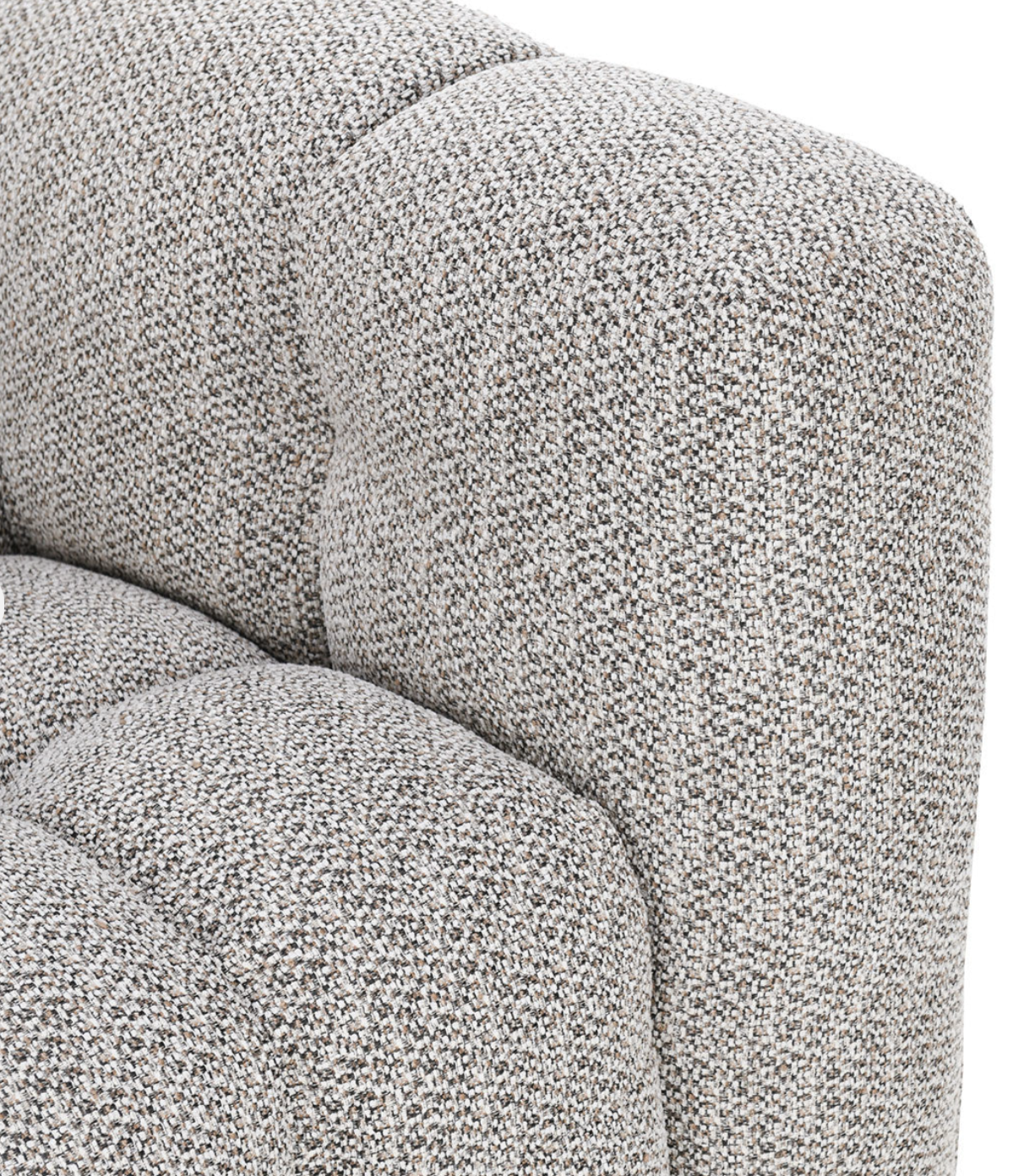 Close-up of a textured, heathered gray arm and backrest with tufted details on the Plush Upholstered Sectional w/LAF Chaise. The soft fabric is speckled in grey and beige tones.