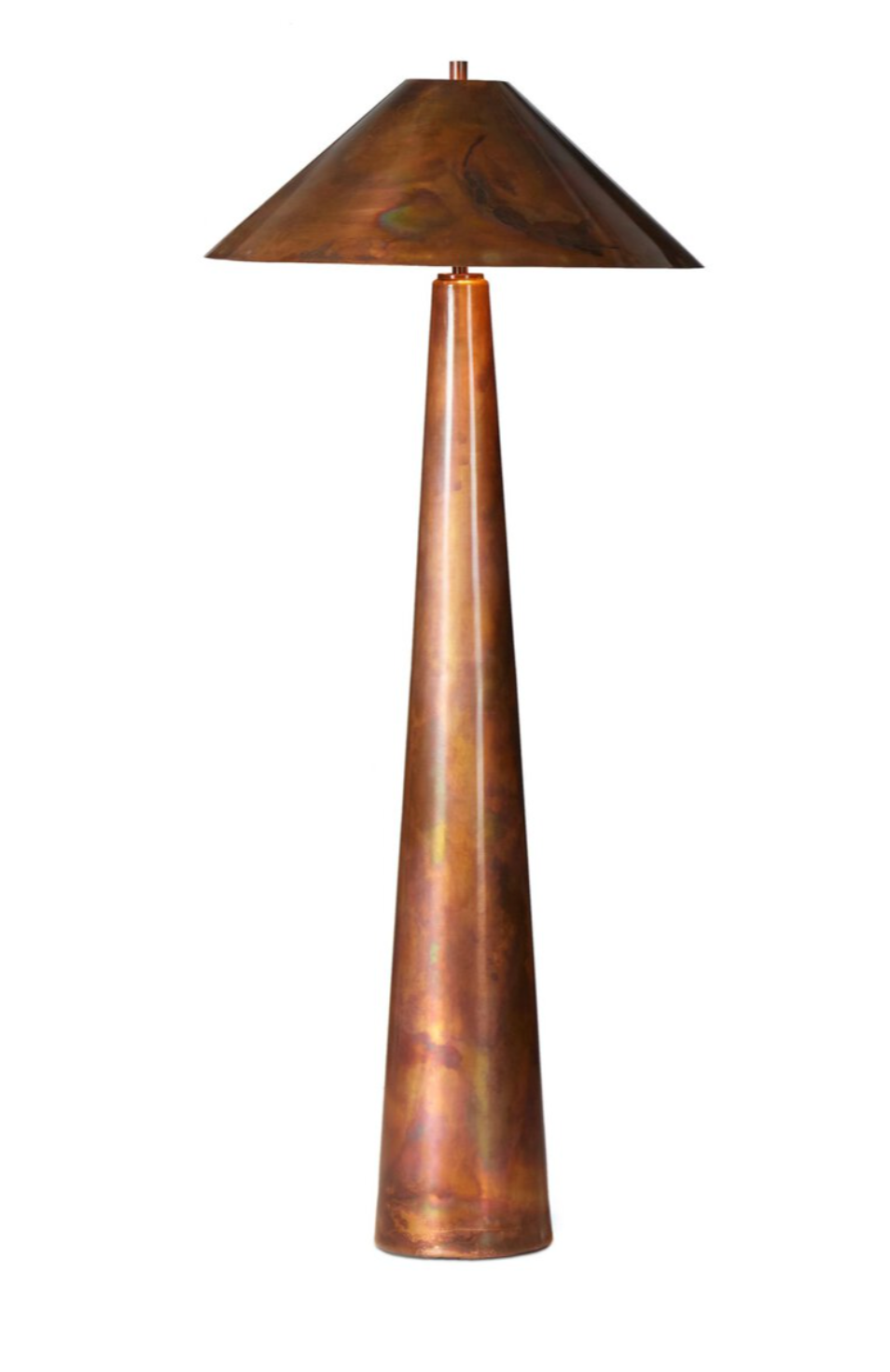 The Romani Floor Lamp is a tall, conical copper floor lamp with a wide, sloped metallic lampshade shown against a white background.