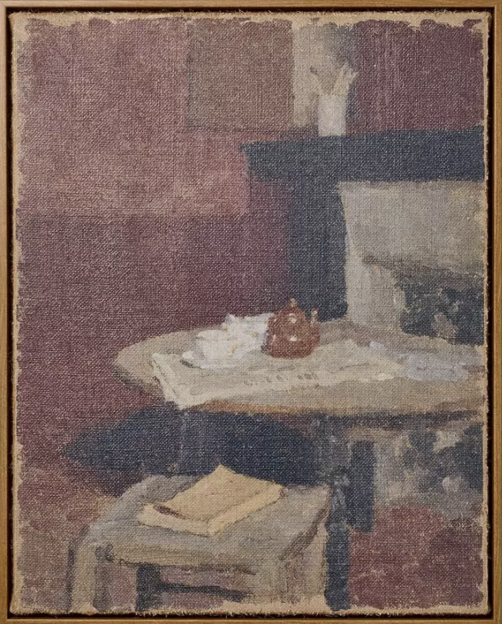 Textural Art depicts a cozy interior with a round table draped in white, a brown teapot, cups, and an open book on a stool—set against warm red walls and a fireplace for inviting ambiance.