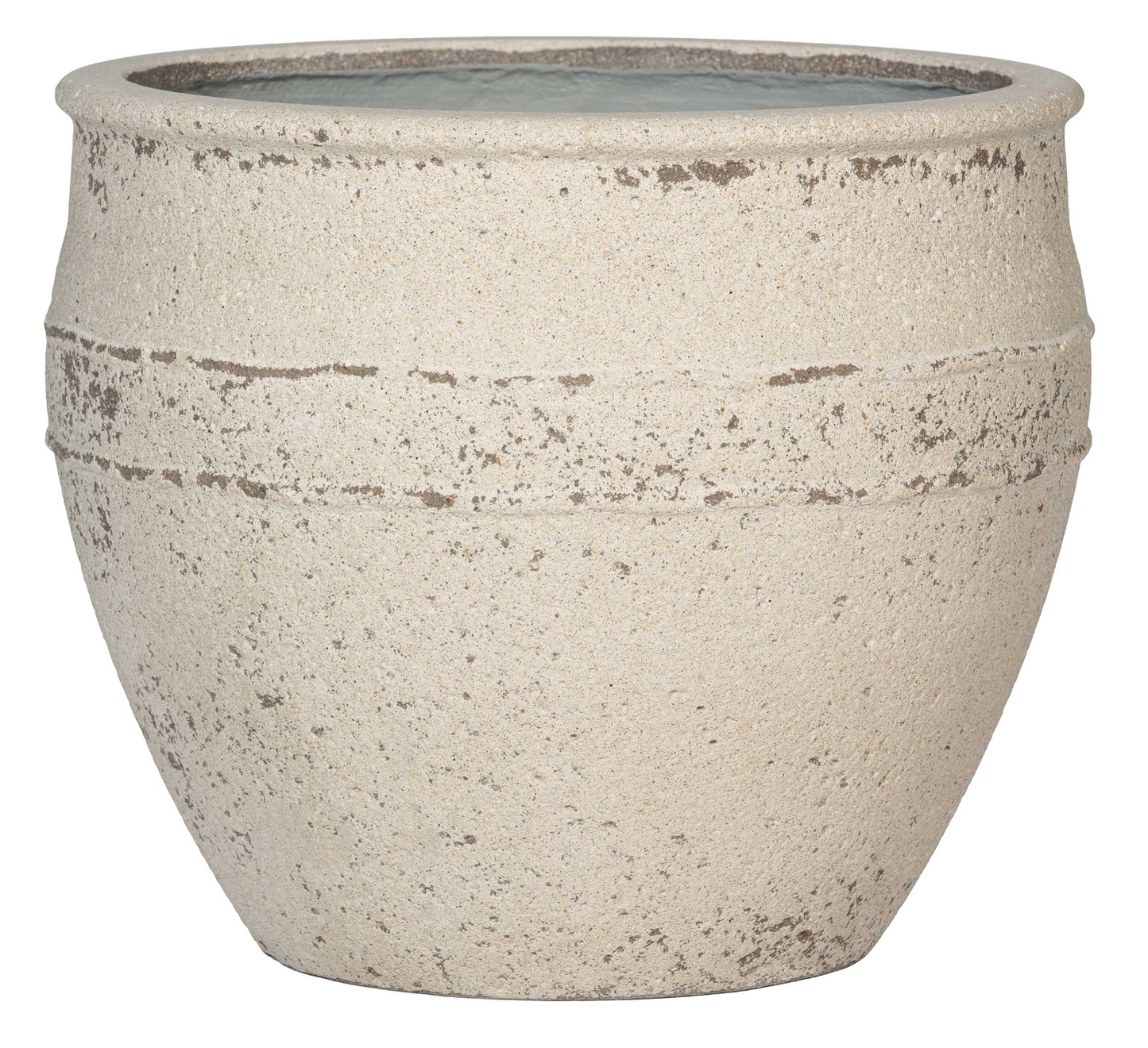 The Tall Rustic Ceramic Pot is a large, round beige planter with a textured, weathered finish, featuring a slightly flared rim and a raised horizontal band near the top. The pot is currently empty.