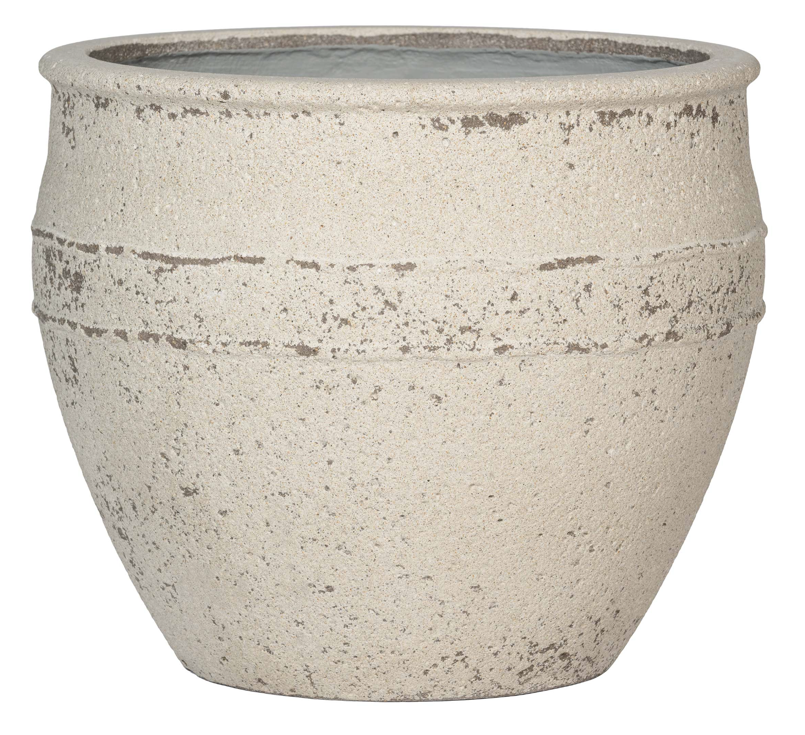 The Tall Rustic Ceramic Pot is a large, round beige planter with a textured, weathered finish, featuring a slightly flared rim and a raised horizontal band near the top. The pot is currently empty.