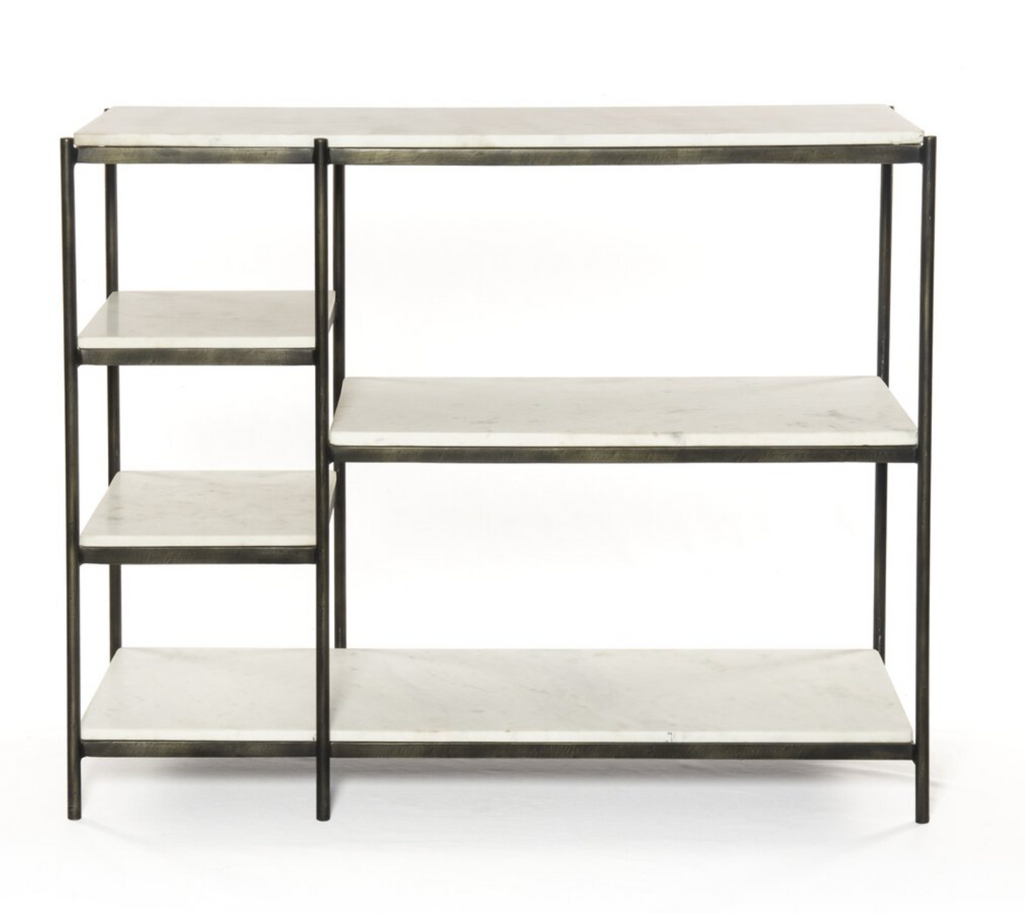 The Hammered Metal Console Table features a slim iron frame with three wide white marble shelves on the right and three narrow vertical marble shelves on the left. Its open design adds elegance to any space.