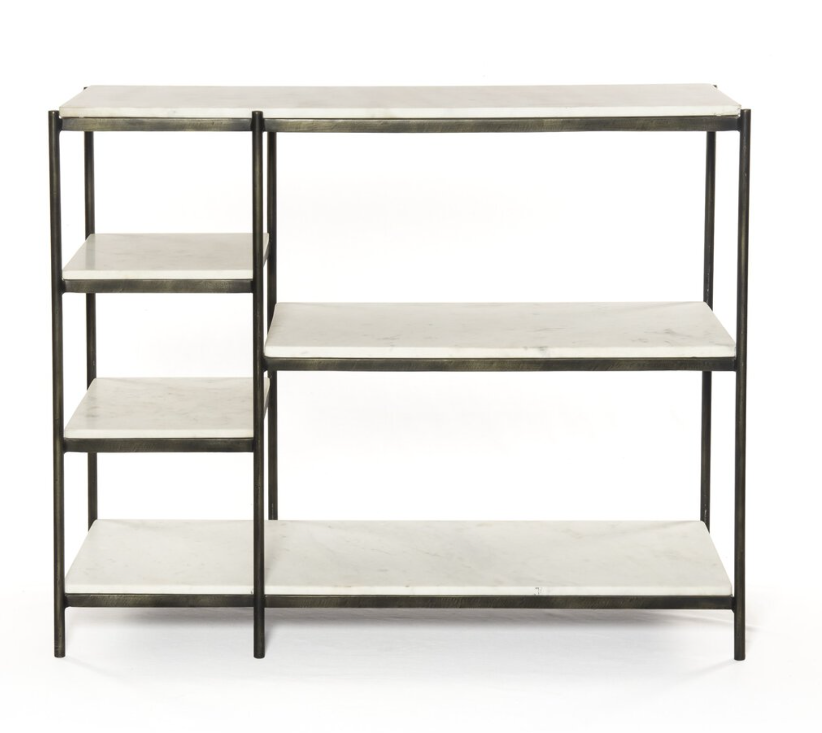 The Hammered Metal Console Table features a slim iron frame with three wide white marble shelves on the right and three narrow vertical marble shelves on the left. Its open design adds elegance to any space.