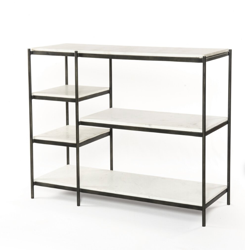 The Hammered Metal Console Table features a slim iron frame with five asymmetrically arranged marble shelves of varying lengths, creating a modern open design that stands out against a plain white background.