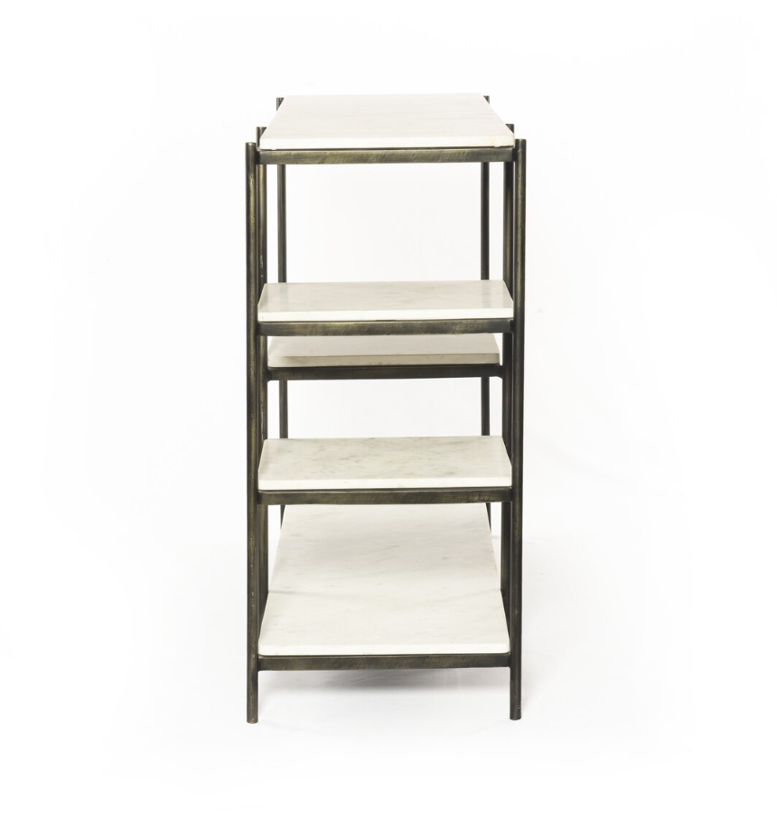 A side view of the Hammered Metal Console Table, showcasing its slim iron frame and four white rectangular shelves, set against a plain white background.