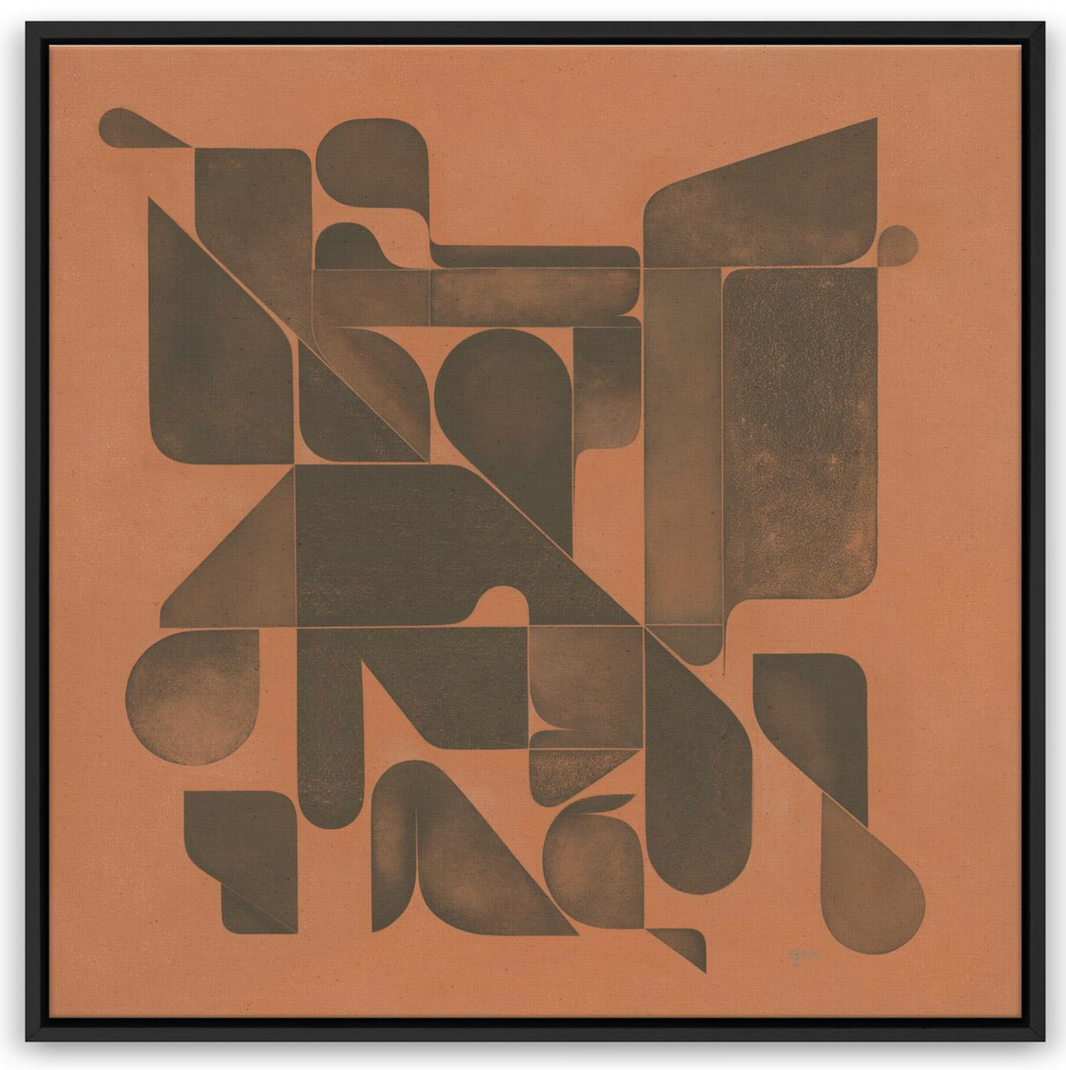Mesa Roja" is a modern minimalist wall art featuring overlapping dark brown geometric shapes—rectangles, circles, and curves—set on a textured burnt orange background and framed in black. A striking abstract piece for contemporary decor.