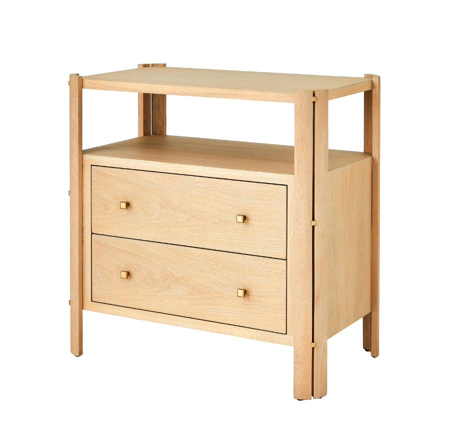 The Light Oak Bedside Chest is a minimalist, modern nightstand featuring light wood, two drawers with gold square knobs, an open upper shelf, and square legs.