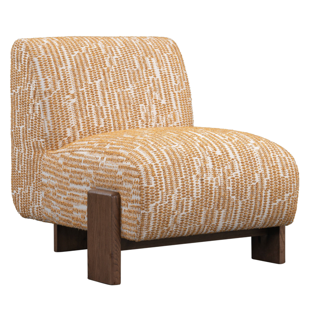 The Upholstered Mid Century Accent Chair features a chunky, low-profile armless design with yellow and white textured fabric, dark wooden block legs, and measures 32"H x 28.75"W x 33.5"D for stylish versatility in any space.