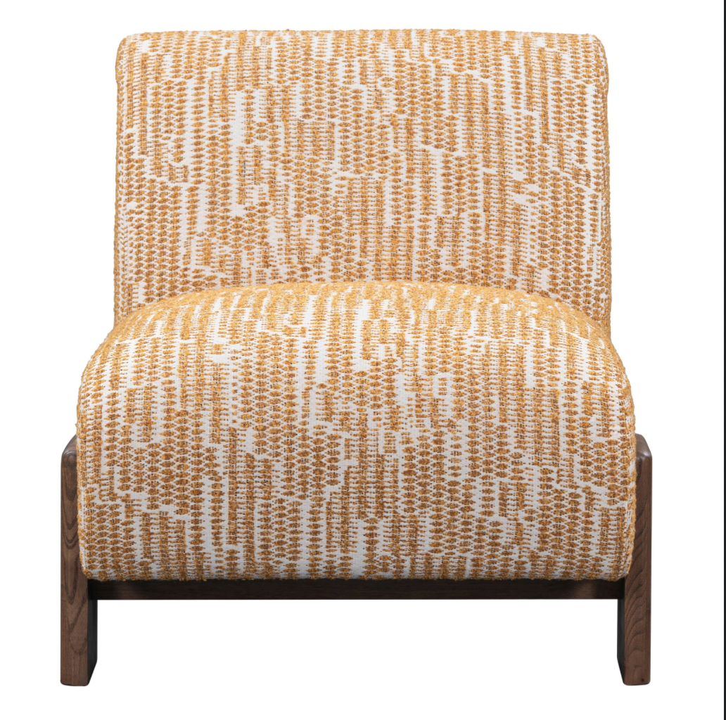 Front view of the Upholstered Mid Century Accent Chair, featuring armless design, low cushioned seat and backrest with gold and white woven upholstery, and wooden base and legs. Dimensions: 28.75"W x 33.50"D x 32.00"H.