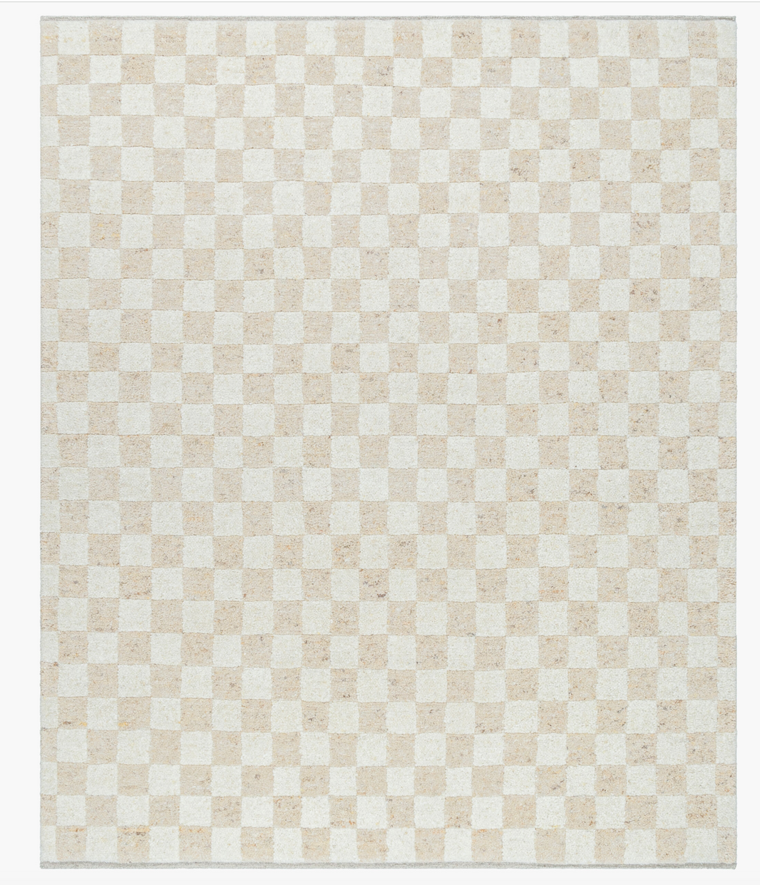 The Mono Check Rug Wool Rug 8x10 features a simple, modern rectangular design with evenly spaced beige and off-white checkerboard squares, hand knotted in thick wool across the entire surface.