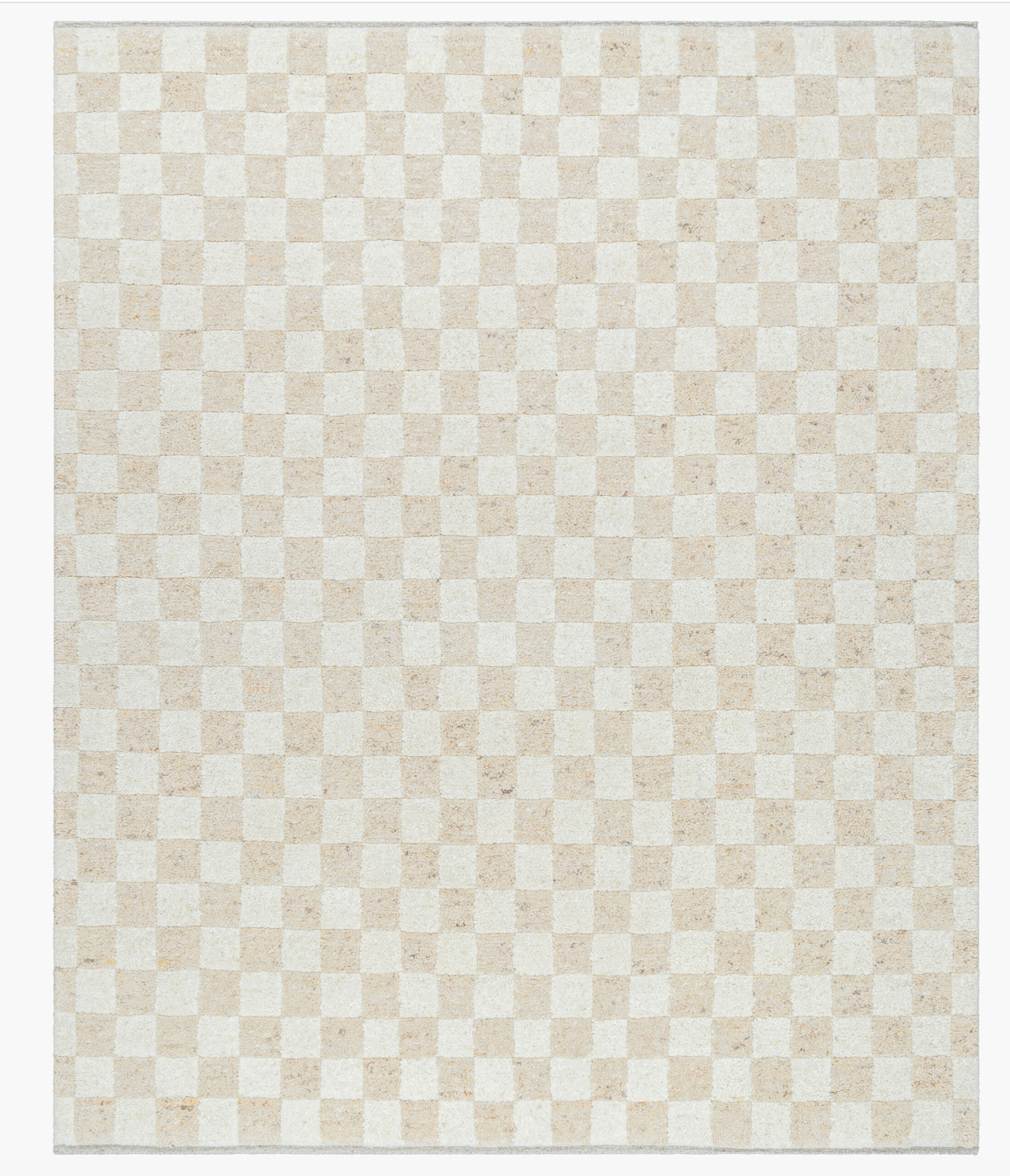 The Mono Check Rug Wool Rug 8x10 features a simple, modern rectangular design with evenly spaced beige and off-white checkerboard squares, hand knotted in thick wool across the entire surface.
