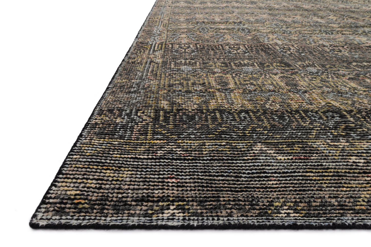 Close-up of the Faded Multi Color Rug 8x10, a rectangular hand knotted area rug with an intricate pattern in muted black, gray, and beige tones. It features a textured woven surface and finished edges.