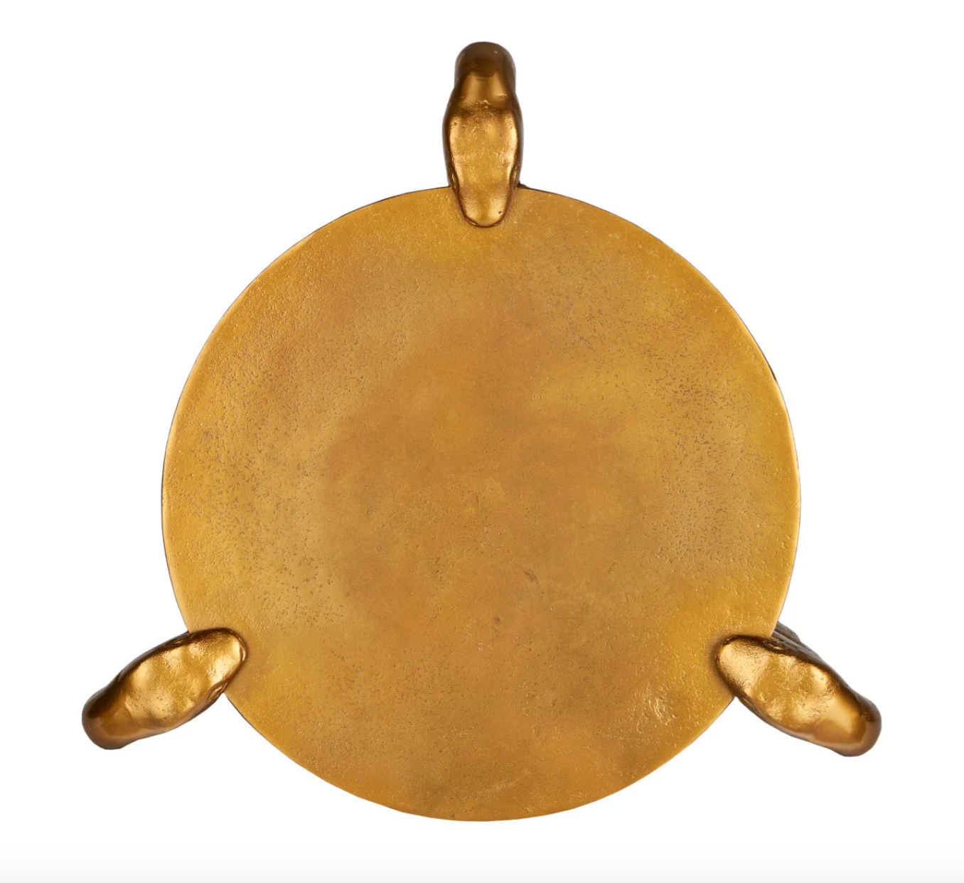 The Brass Snake Accent Table is a round, flat piece with an antique brass finish, featuring three sculpted, gold-toned snake-like legs evenly spaced around the edge, shown against a white background.