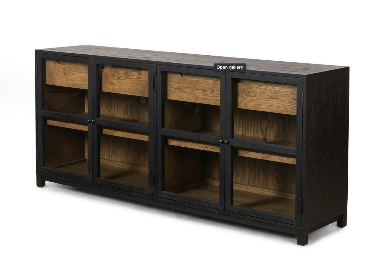 The Oak Frame Large Sideboard features a modern black wooden frame with four glass doors, natural wood shelves and drawers inside, adjustable shelving for versatile storage, minimalist design, and short legs.