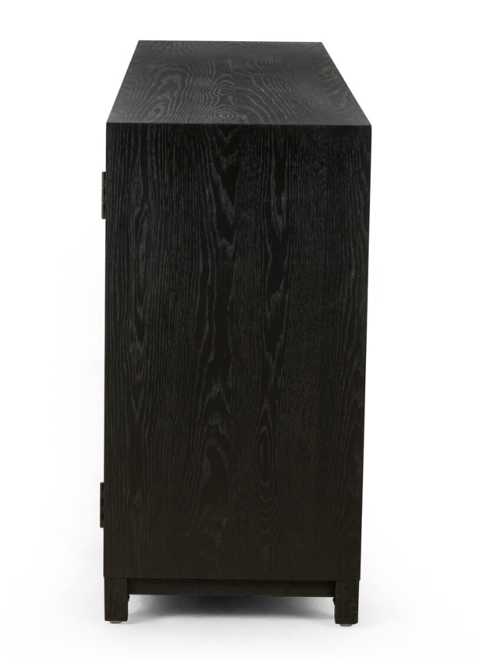 The Oak Frame Large Sideboard, featuring a black wooden finish with an oak frame and textured wood grain, is shown from the side against a plain white background.