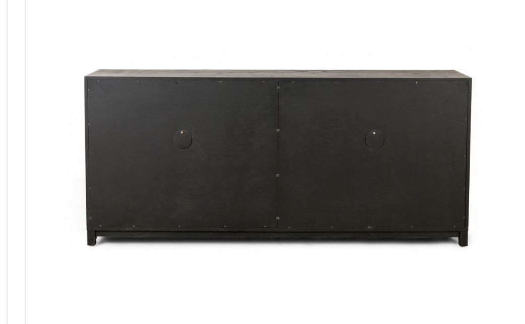 The Oak Frame Large Sideboard features a black rectangular design with an oak frame, two spacious cabinet doors, and subtle round handles, all in a minimalist style against a plain white background.