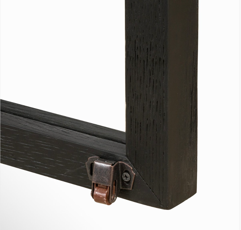 Close-up of the Oak Frame Large Sideboard's dark wood leg featuring a brown caster wheel secured with metal hardware. The textured oak grain showcases its stylish and durable construction.