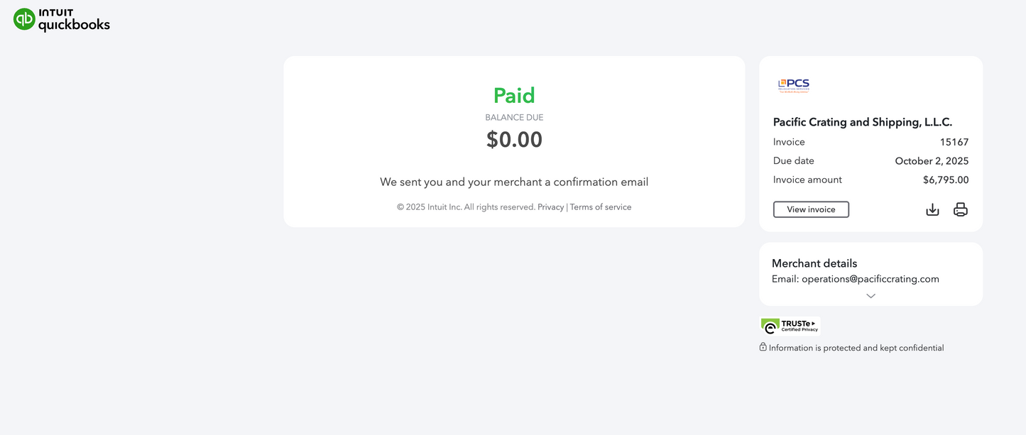 A QuickBooks online receipt showing a $0.00 balance due as paid for Pacific Crating and Shipping, LLC. The invoice total is $6,795.00 for an Oak Frame Large Sideboard, dated October 2, 2025, with merchant info on the right.