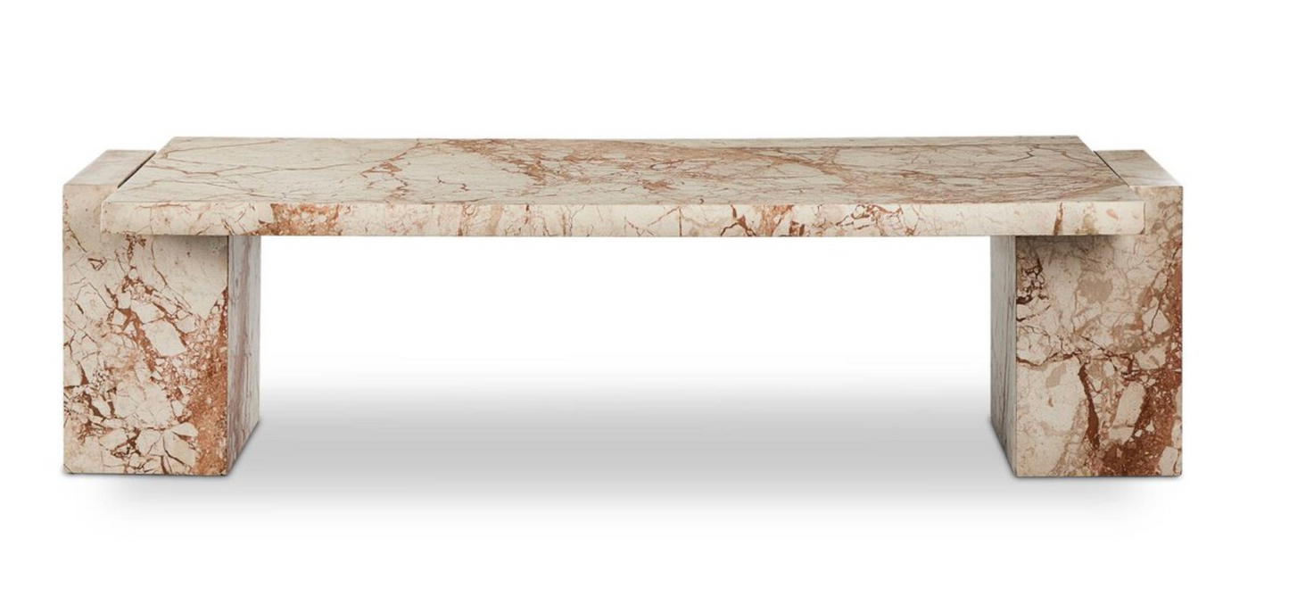 The Romano Coffee Table features a rectangular marble top with two solid block legs, highlighted by natural beige and brown veining throughout the stone, and is displayed against a white background.