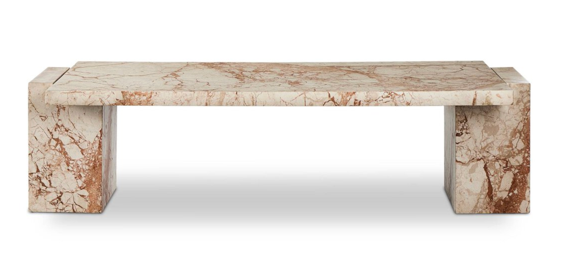 The Romano Coffee Table features a rectangular marble top with two solid block legs, highlighted by natural beige and brown veining throughout the stone, and is displayed against a white background.