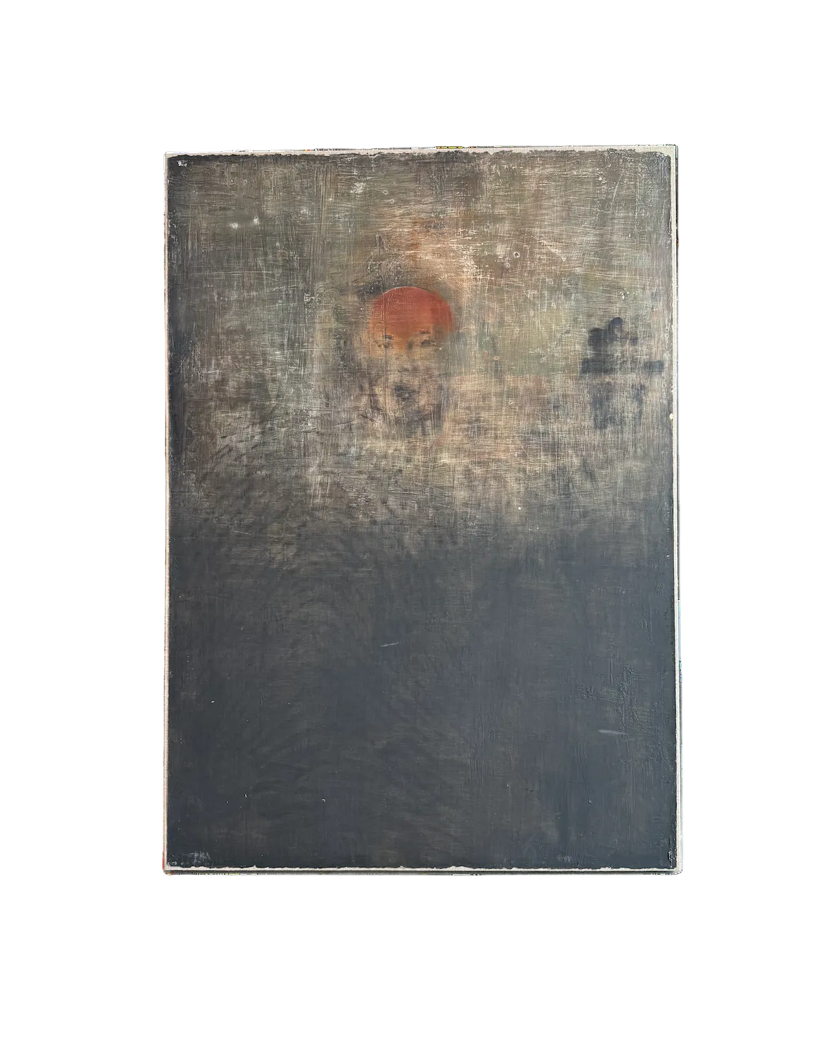 The "Faded Face on Grey Ombre Canvas," sized 30.50"w x 43.00"h, features dark muted tones with a faint orange-red head-like oval at the center, partially hidden by hazy brushstrokes and shadowed textures.
