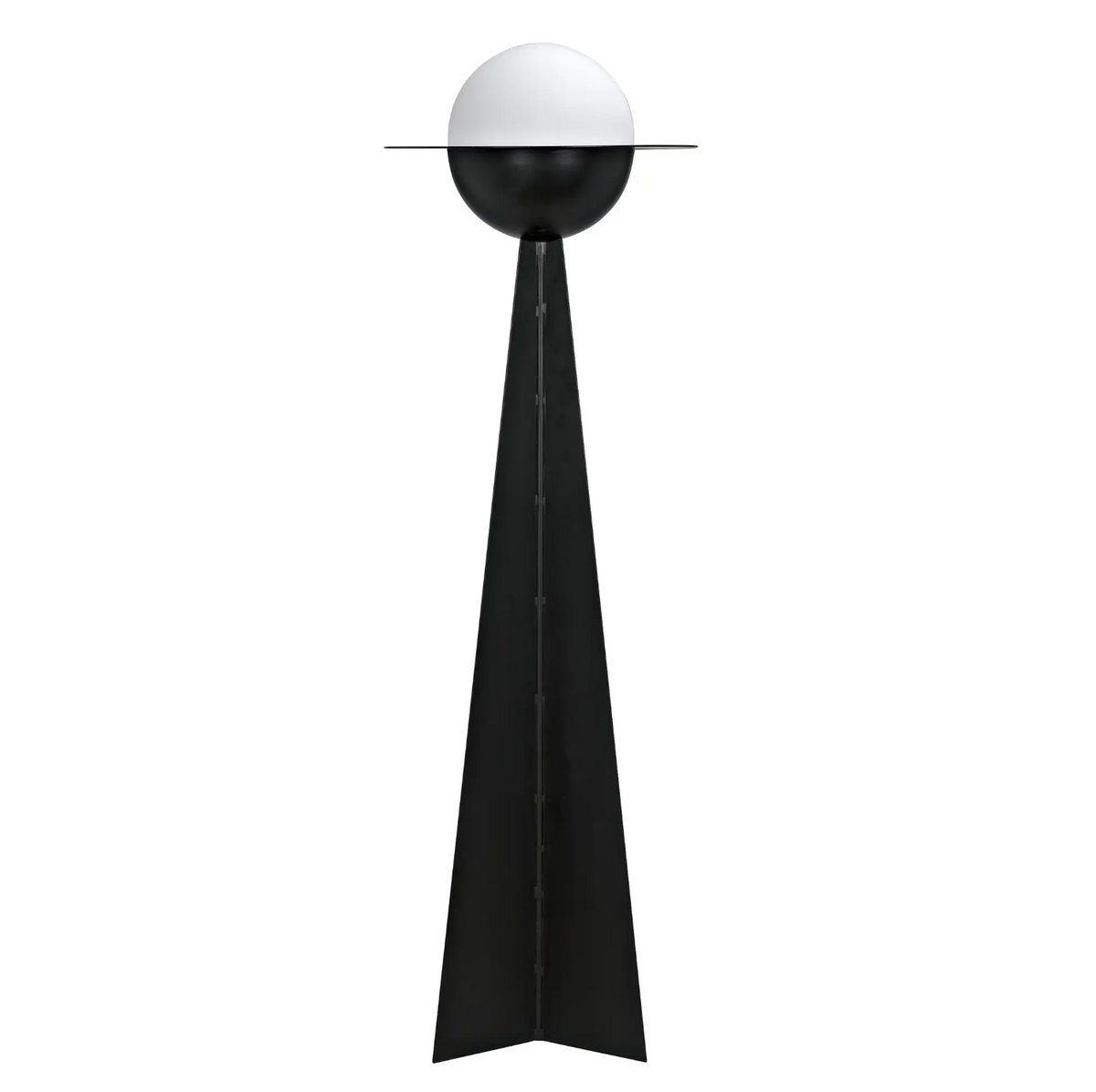 Globe Floor Lamp featuring a tall, black, triangular base and a spherical white and black globe shade topped with a flat disc.
