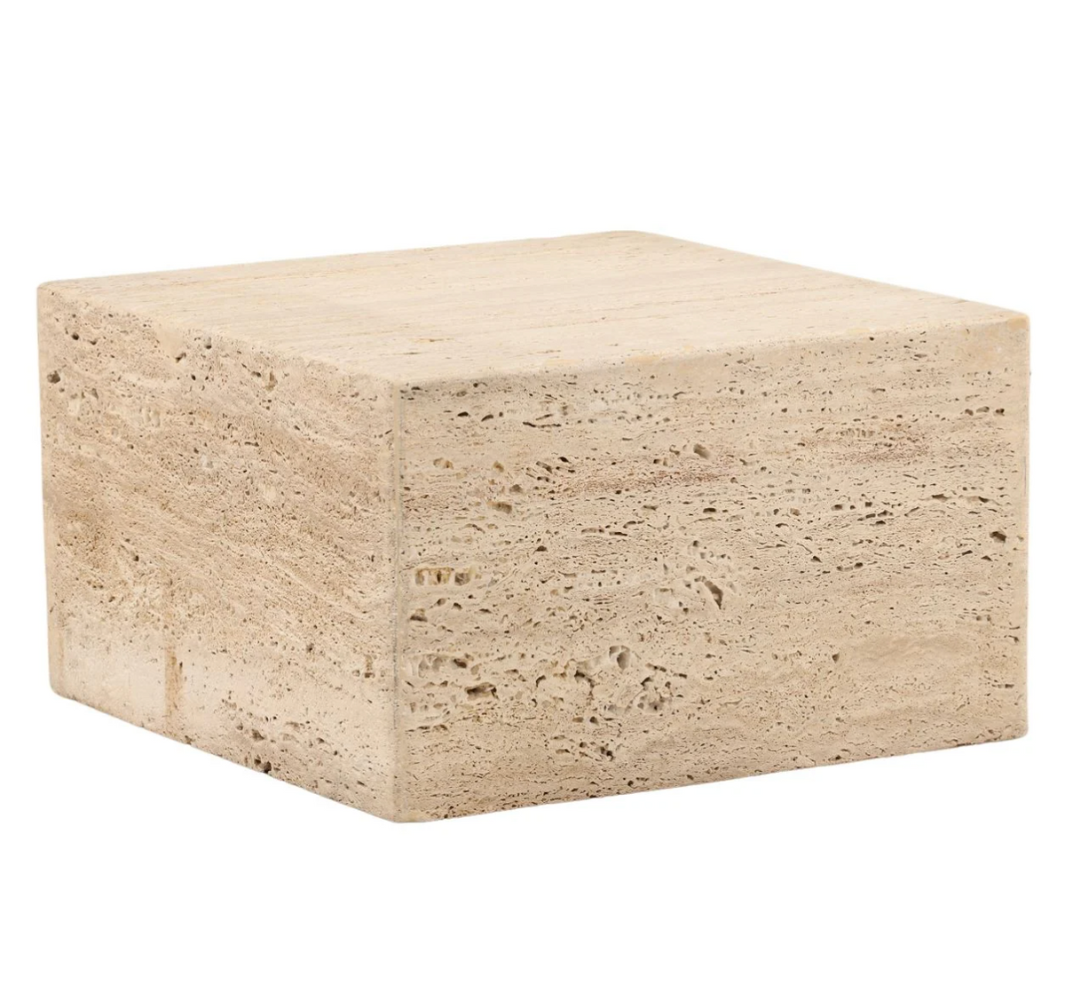A 24-inch square Travertine Coffee Table made of rough travertine, featuring a low profile and a textured, porous beige surface.