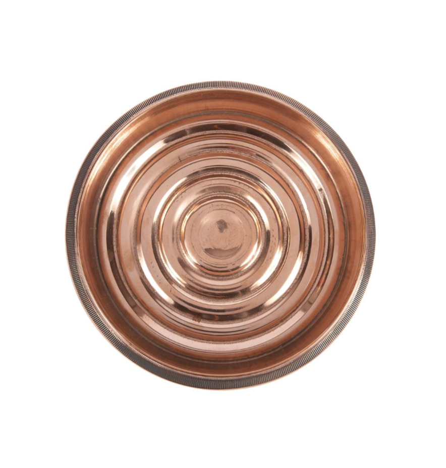 The Coin-Edged Bottle Coaster is a round, ridged tray made of copper-plated brass with concentric circular patterns and a shiny metallic finish, viewed from above. Measures 6" in diameter.