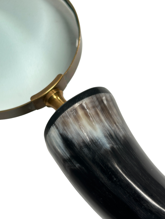 Close-up of the Horn Handle Magnifying Glass featuring a gold-colored frame, a handle made from natural horn with lighter streaks, and a high-quality optical glass lens, set against a white background.