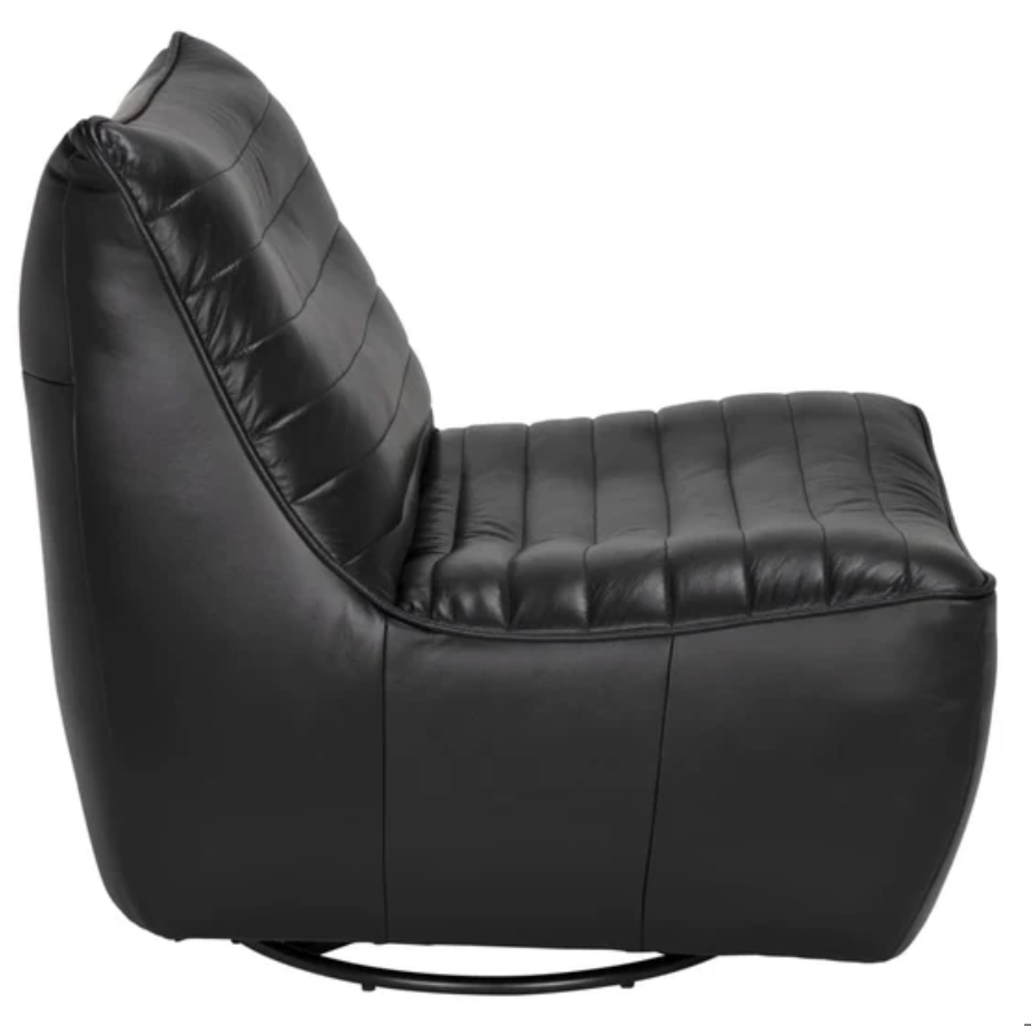 Side view of the McClain Swivel Single Sofa, crafted in top grain leather with a quilted seat and backrest, featuring an armless, low-profile, and slightly reclined design—perfect for modern living rooms.