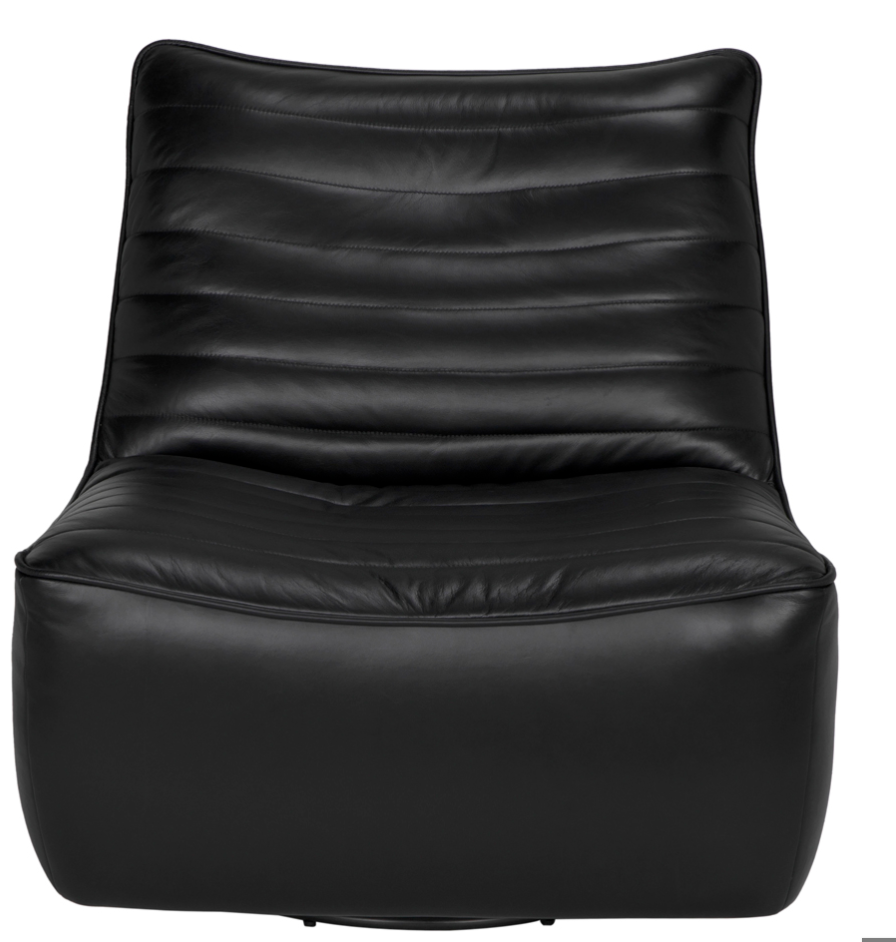 The McClain Swivel Single Sofa is a modern black top grain leather lounge chair with a low back, wide seat, horizontal stitching, and sleek minimalist design—perfect for contemporary living rooms.