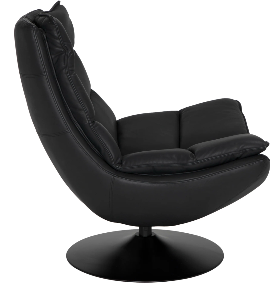 Side view of the Dante Swivel Chair in black with plush top-grain leather cushions and a rounded swivel base, displayed against a white background.