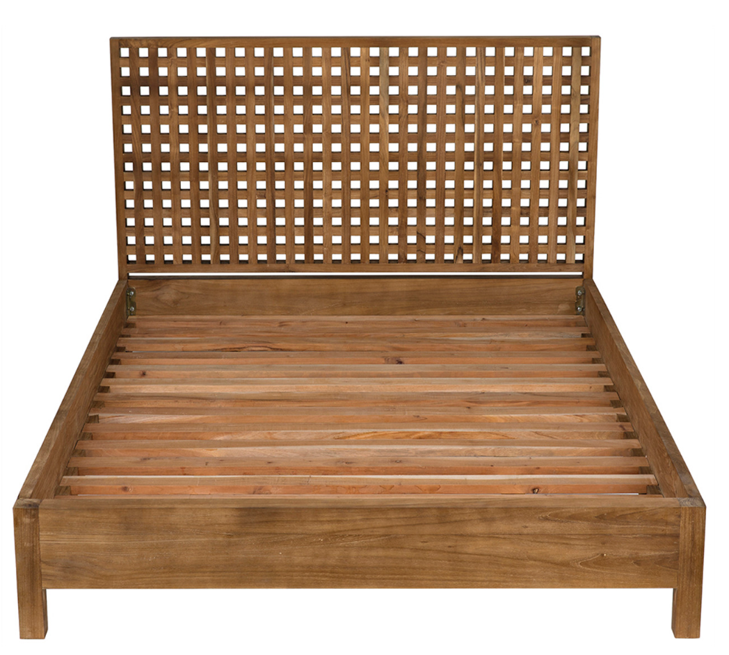 The Quinnton bed, Eastern queen, Teak features a slatted base and a tall rectangular grid headboard with evenly spaced square cutouts. Crafted from teak with a natural finish, it adds a modern touch to any bedroom.