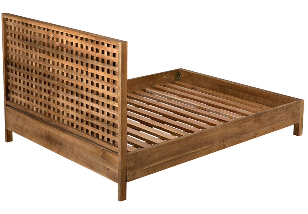 The Quinnton bed, Eastern queen in teak, features a tall grid headboard and horizontal slats for mattress support, shown against a white background.