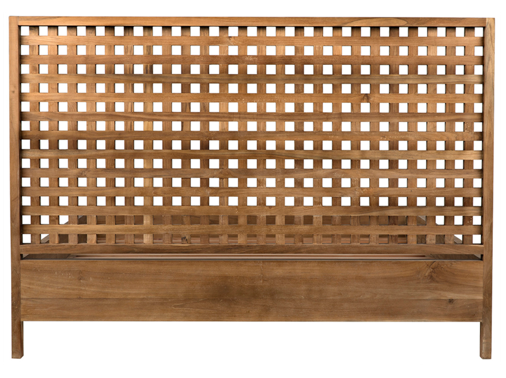 The Quinnton bed, Eastern queen in Teak, features a modern low-profile design with a natural wood finish and a grid headboard with evenly spaced square cutouts.