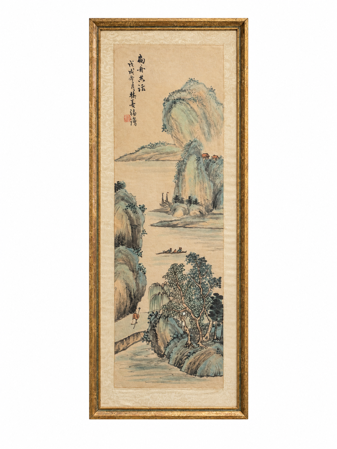 The Framed Landscape Scroll features a traditional Asian landscape with mountains, trees, a river with a boat, and a figure walking on a path. Calligraphy and a red seal mark appear in the upper left corner of this large artwork, beautifully presented in an 8.5 x 21 inch format.