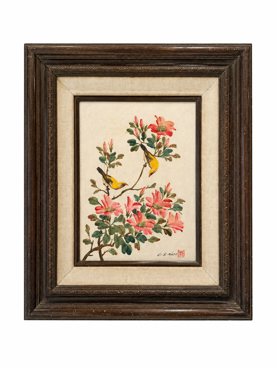 Birds Among Blossoms Oil Painting features two yellow birds perched on flowering branches with pink blossoms and green leaves against a light background, elegantly presented in a 21.5″ frame.