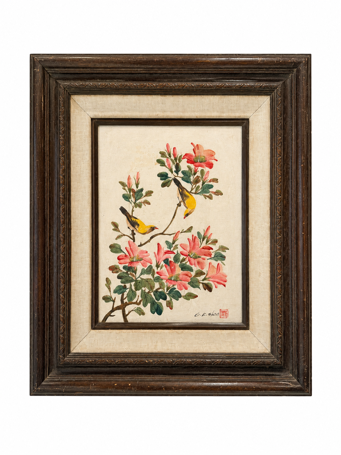 Birds Among Blossoms Oil Painting features two yellow birds perched on flowering branches with pink blossoms and green leaves against a light background, elegantly presented in a 21.5″ frame.