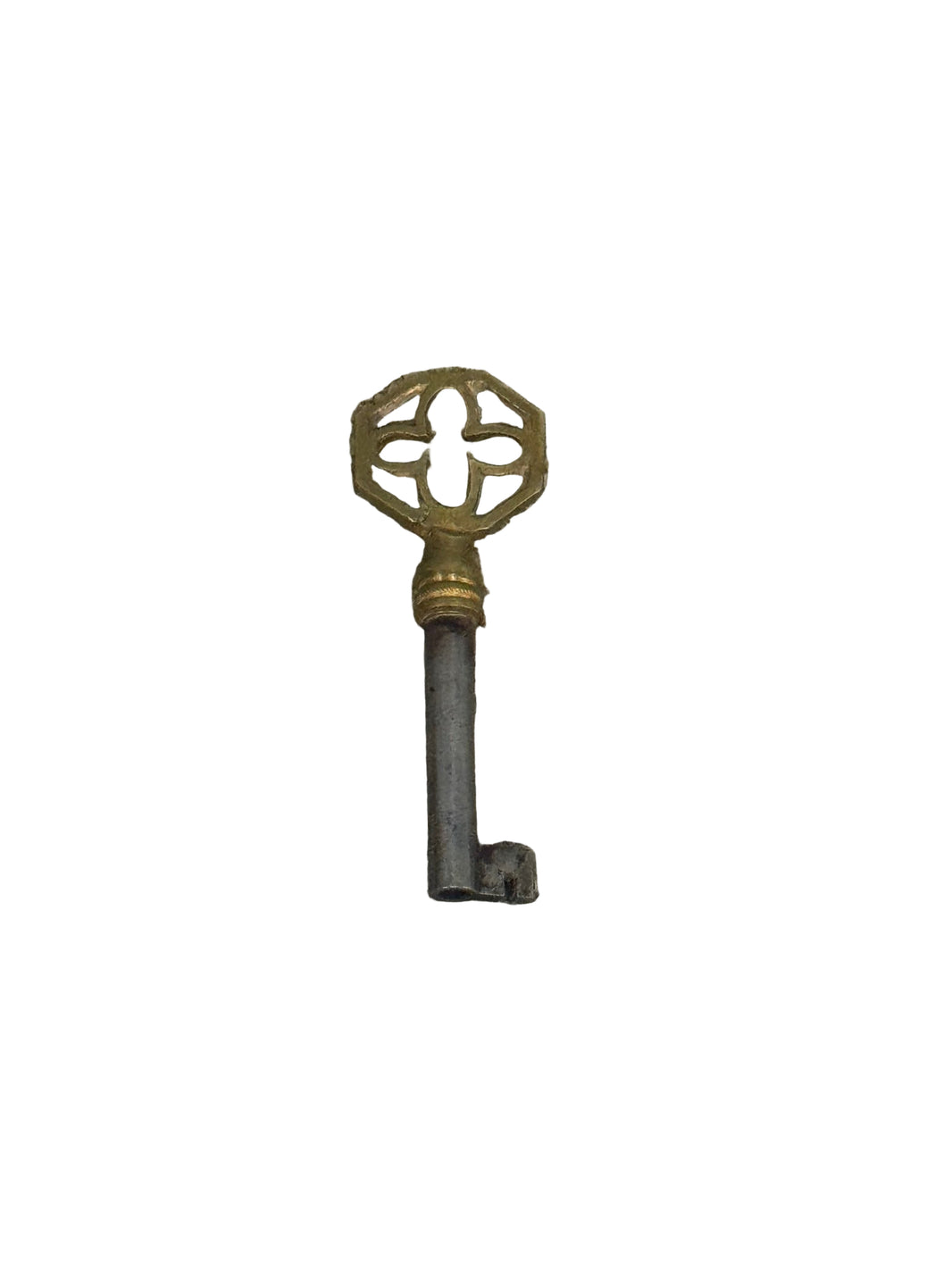 The XS Brass Skeleton Key features a vintage, ornate metal design with a decorative openwork bow and simple bit, set against a white background. Overall length: 3 inches.