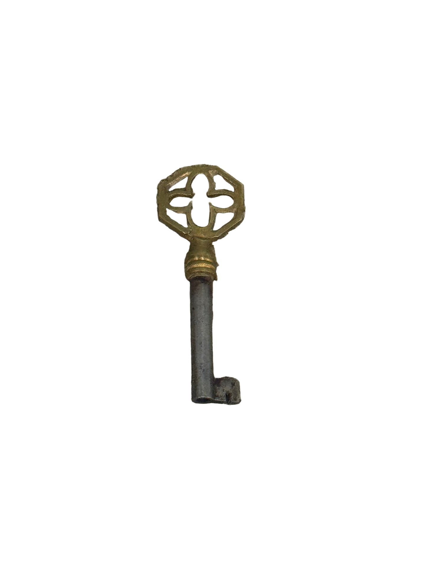 The XS Brass Skeleton Key features a vintage, ornate metal design with a decorative openwork bow and simple bit, set against a white background. Overall length: 3 inches.