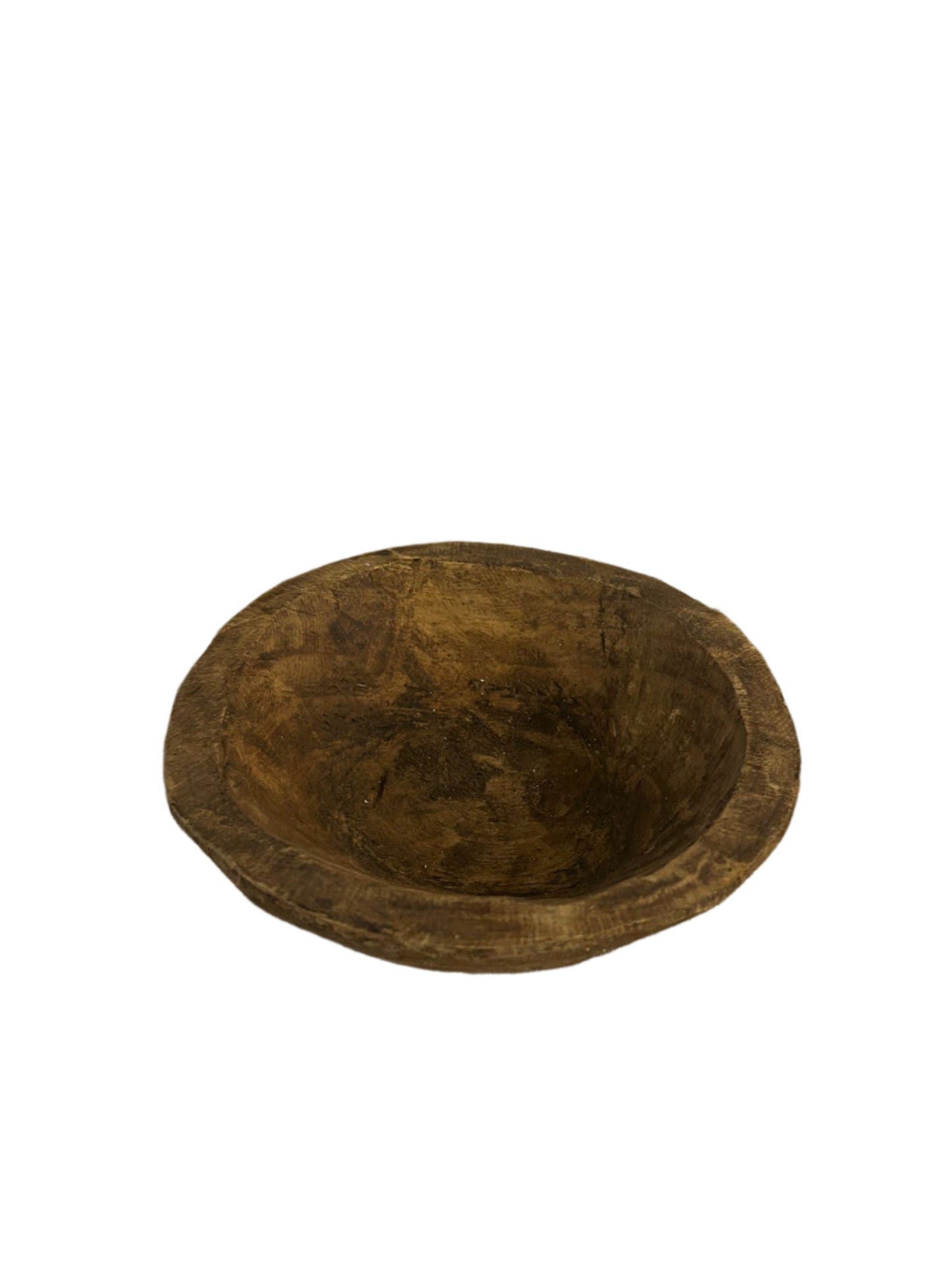 The Small Wood Key Bowl is a shallow, round 6-inch wooden bowl with a rustic, weathered look, photographed against a plain white background.