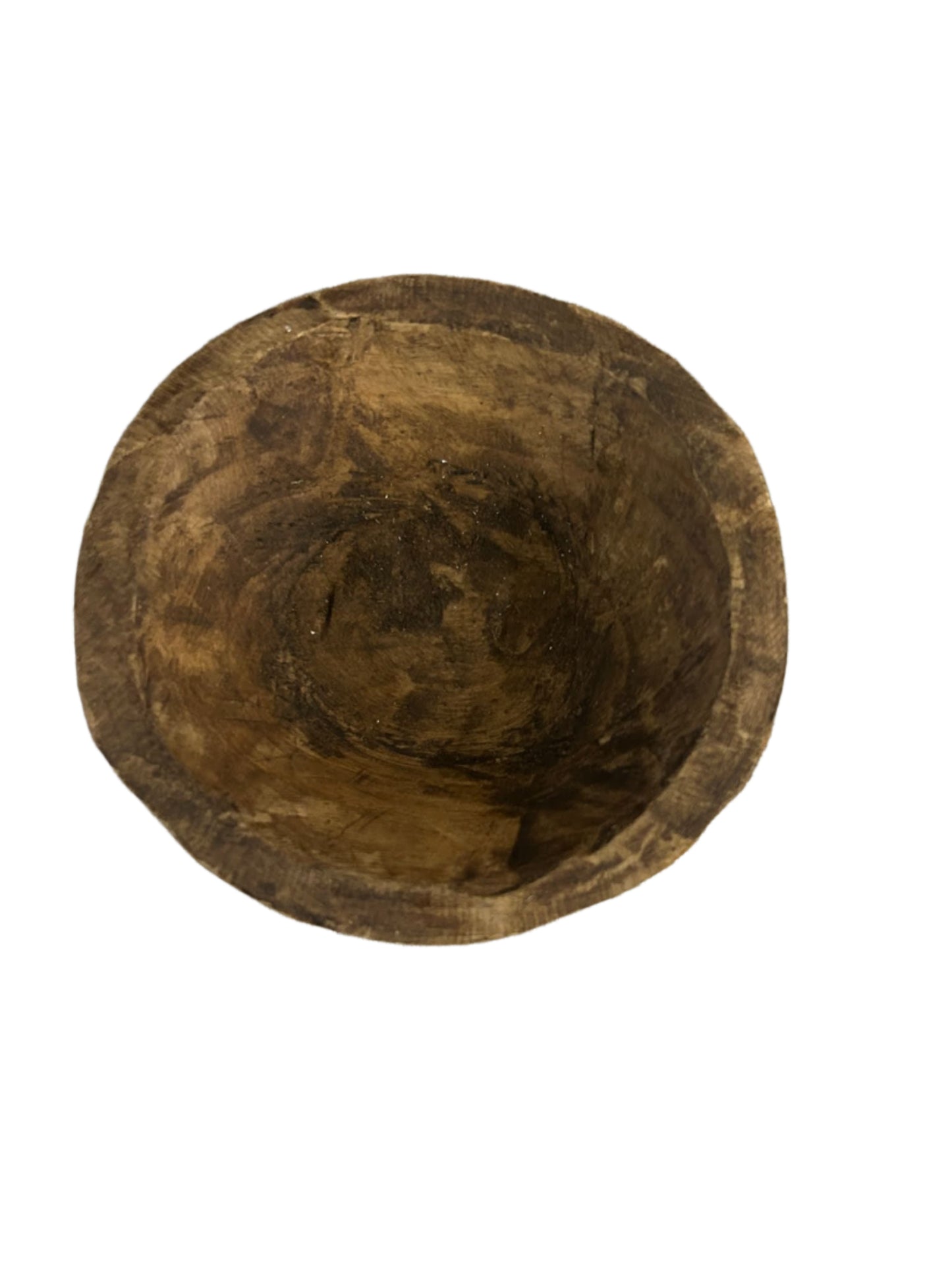 A top-down view of the Small Wood Key Bowl, a rustic, roughly-carved wooden bowl with a textured interior, displayed against a plain white background.