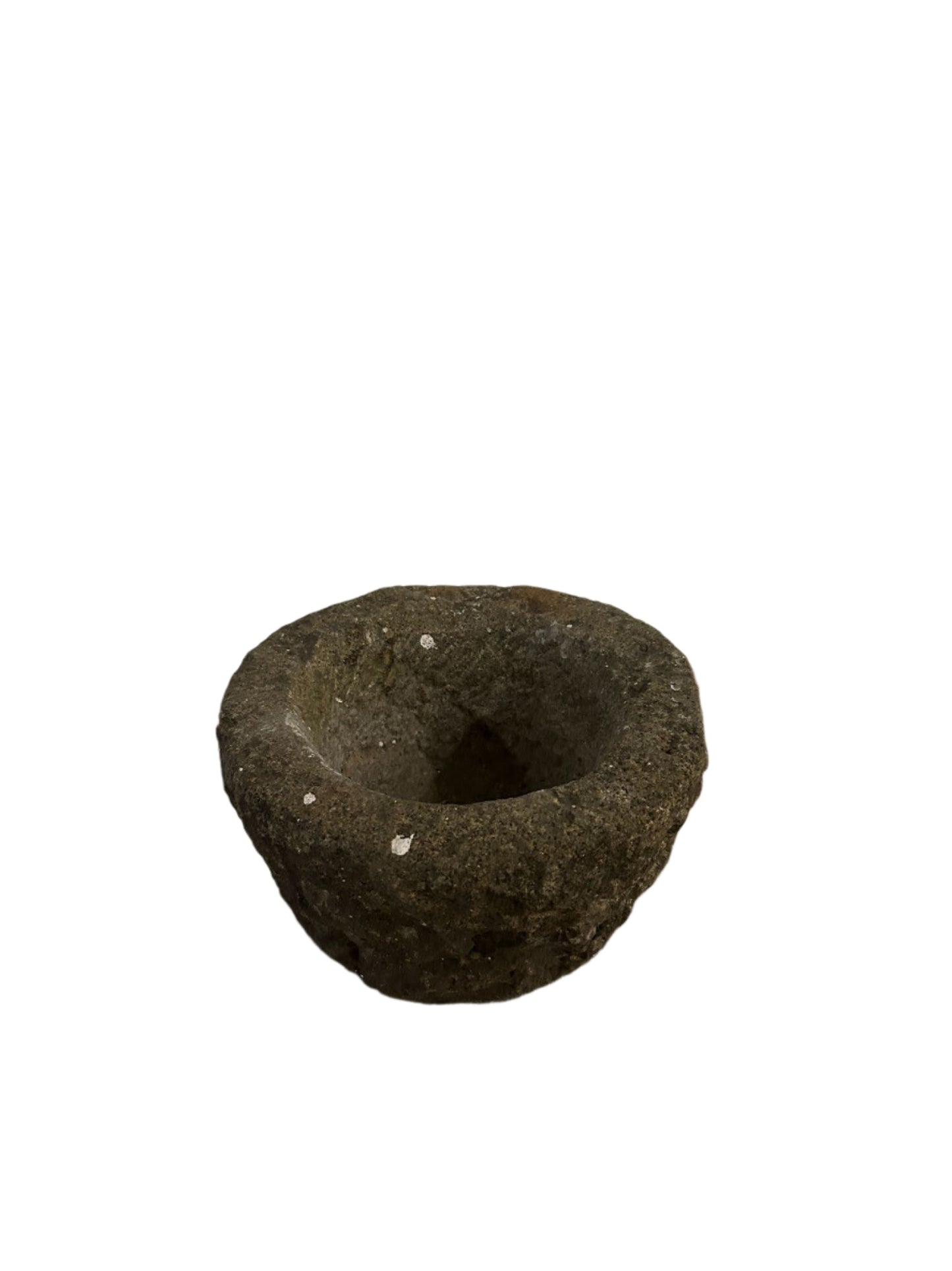 The Large Antique Stone Mortar features a unique round shape, rough texture, and deep central cavity. Displayed on a white background, it measures 6-8 inches in diameter.