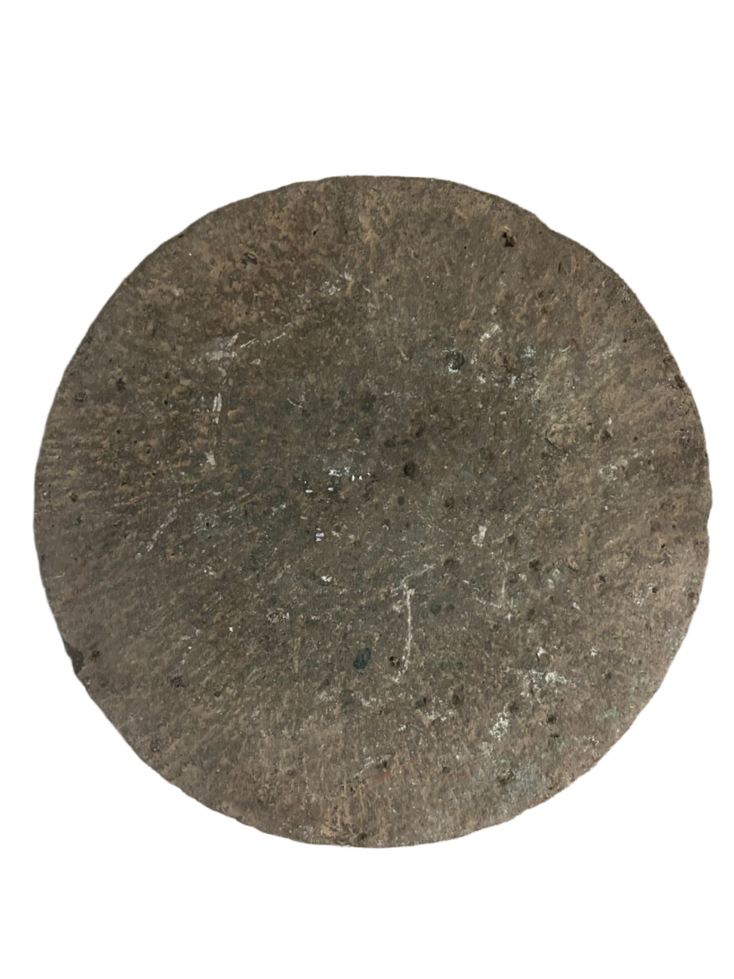 The Natural Stone Tray is an 11-inch round, flat, grey tray with a rough texture and scattered white marks, ideal for stone decor and photographed on a white background.